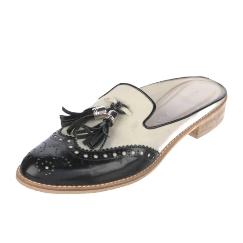 Stuart Weitzman Womens Black And White Mulething Brogue Leather Designer Mules 8
